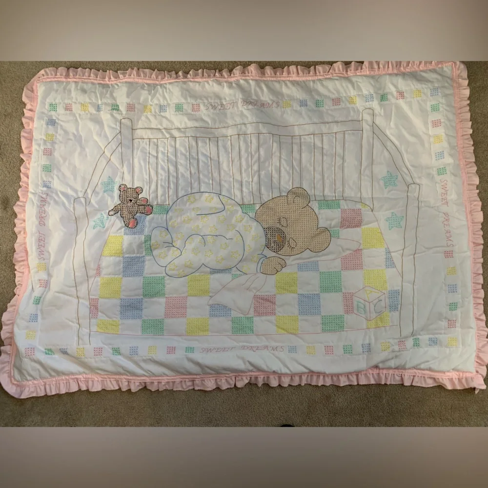 Homemade Pink and White Baby Quilt with Bear Design